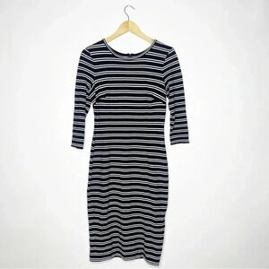 Ann Taylor Black White Stripe Dress MIDI Size Small